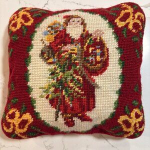 Vintage Needlepoint Christmas Throw Pillow Santa Claus Red Velvet Zipper Closure